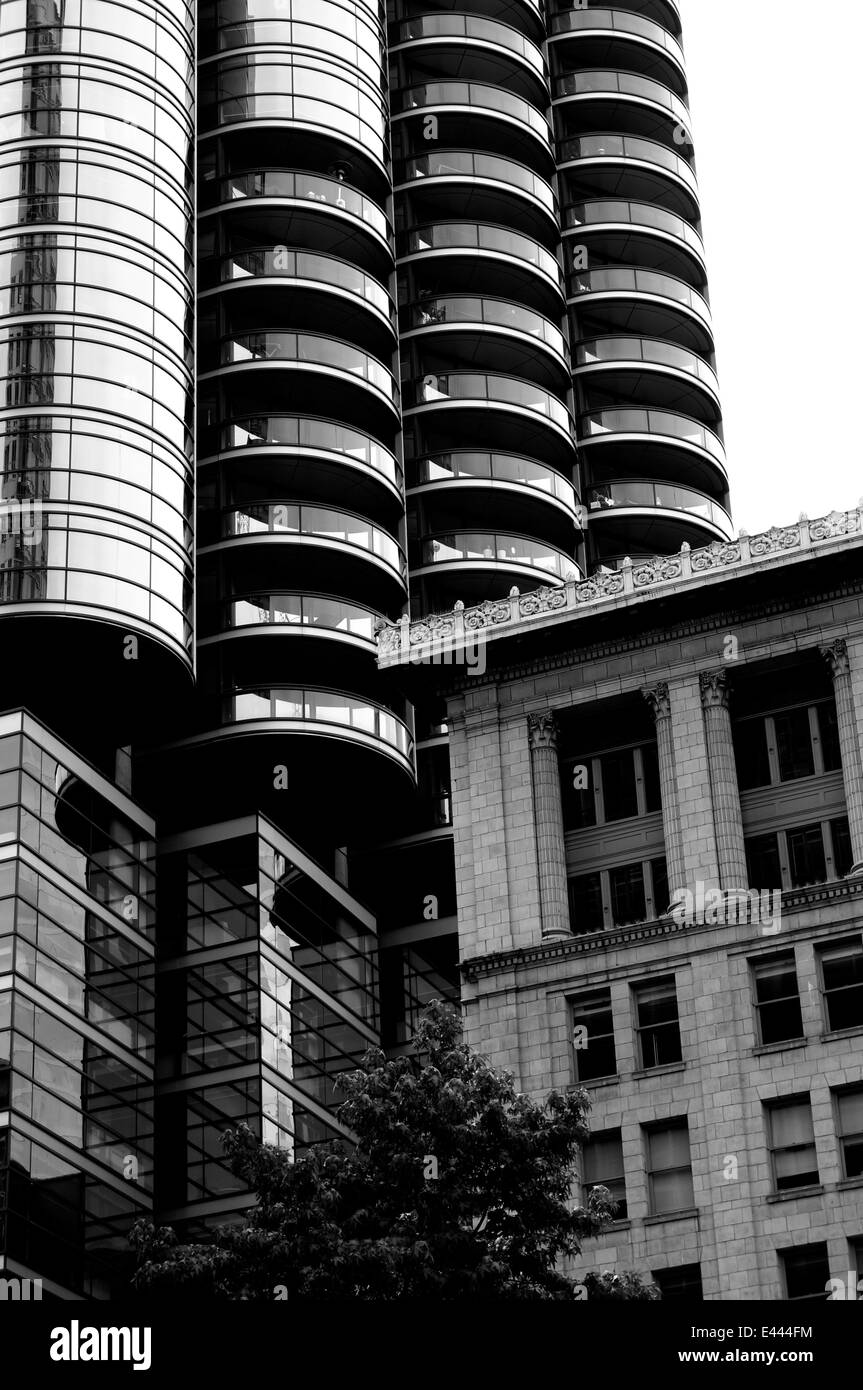 High contrast black and white image of new and old architecture in downtown Vancouver, BC, Canada Stock Photo