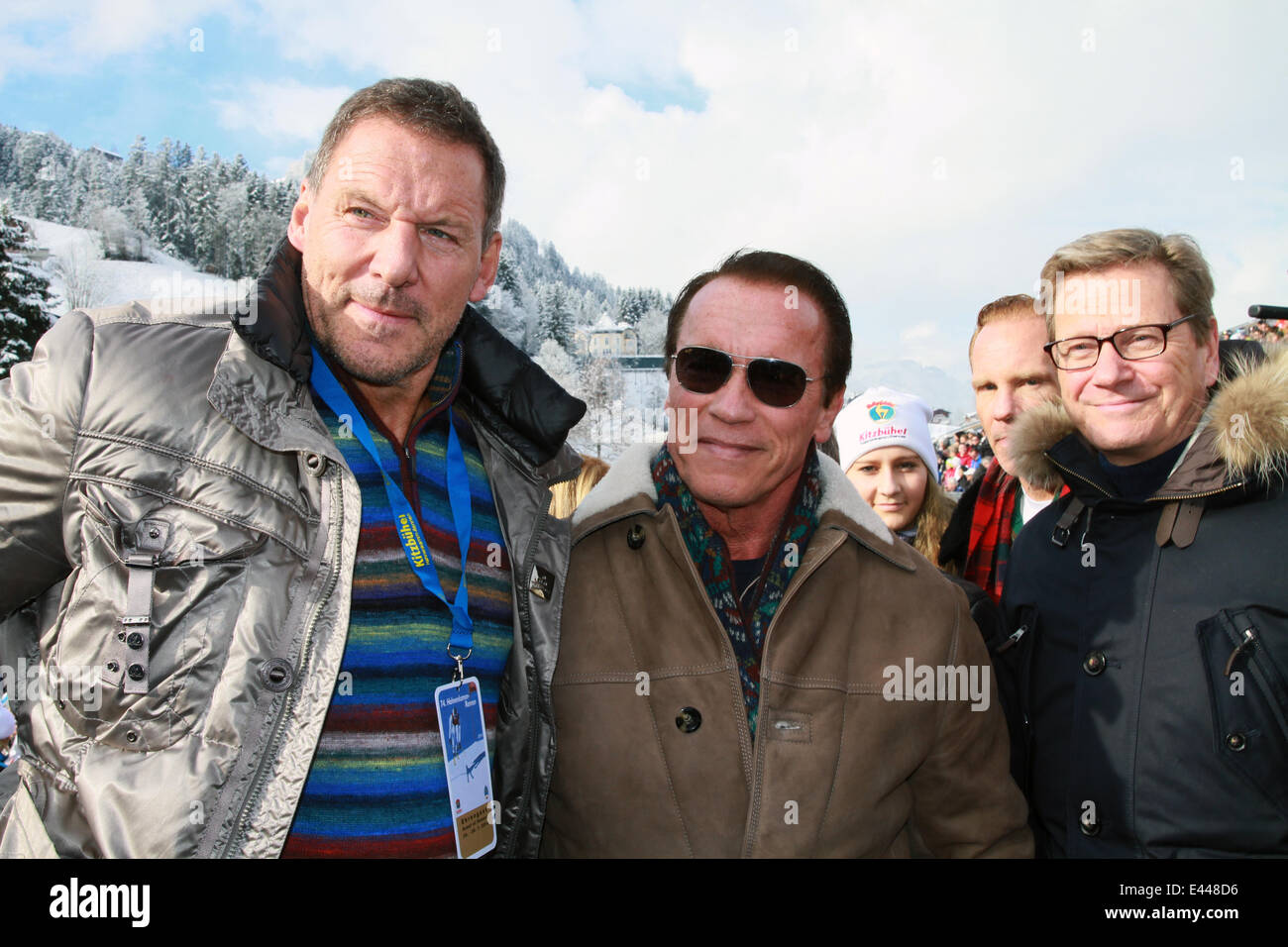 Arnold Schwarzenegger and girlfriend Heather Milligan at the 2014 FIS Alpine World Cup  Featuring: Ralf Moller,Arnold Schwarzenegger,Guido Westerwelle Where: Kitzbuehel, Austria When: 25 Jan 2014 Stock Photo