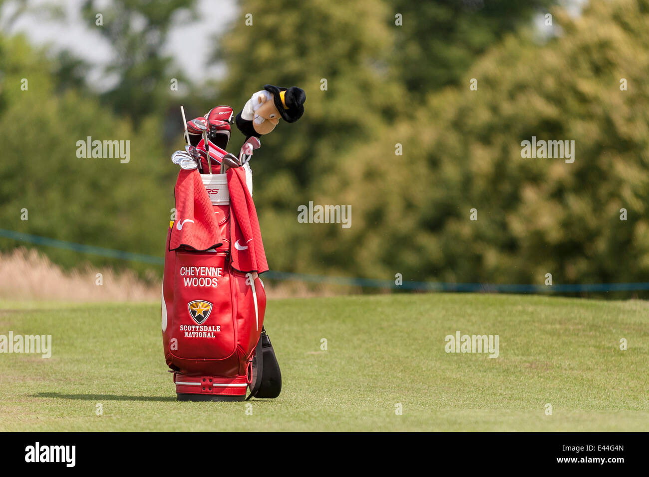 Denham, London, UK, 2 July 2014.  ISPS HANDA Ladies European Masters 2014 - Pro-Am day at The Buckinghamshire golf club.  A day for corporate and celebrity partners to play alongside professionals ahead of the main event the following day.  Pictured : the golf bag of Cheyenne Woods (USA).   Credit:  Stephen Chung/Alamy Live News Stock Photo