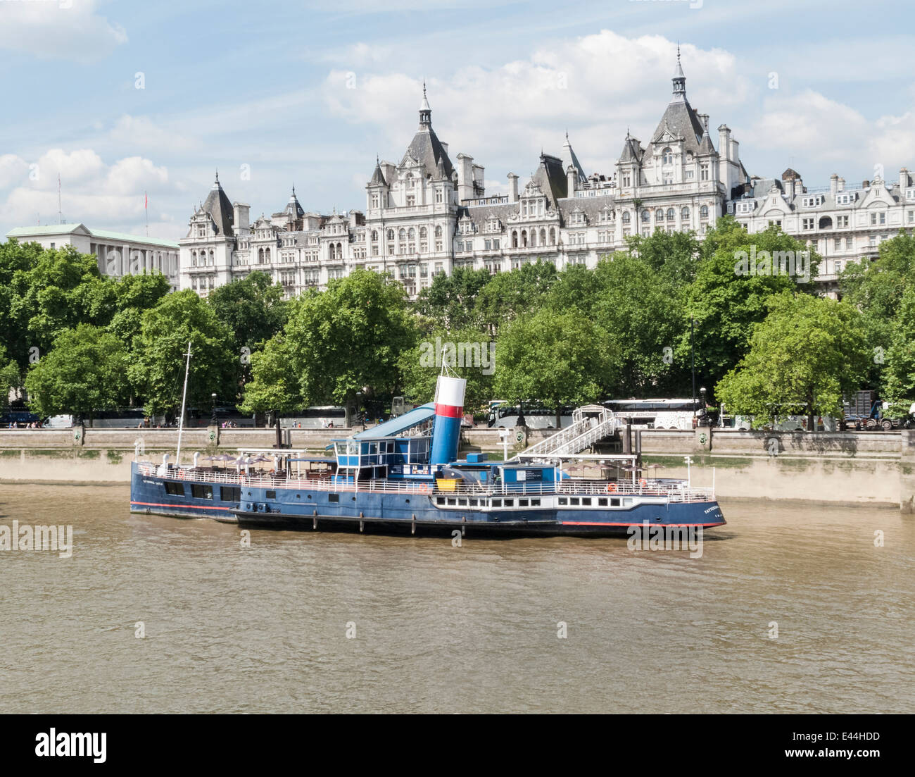 Tattershall Castle, a ship moored in front of Whitehall on the Victoria Embankment, London used as a restaurant and bar Stock Photo
