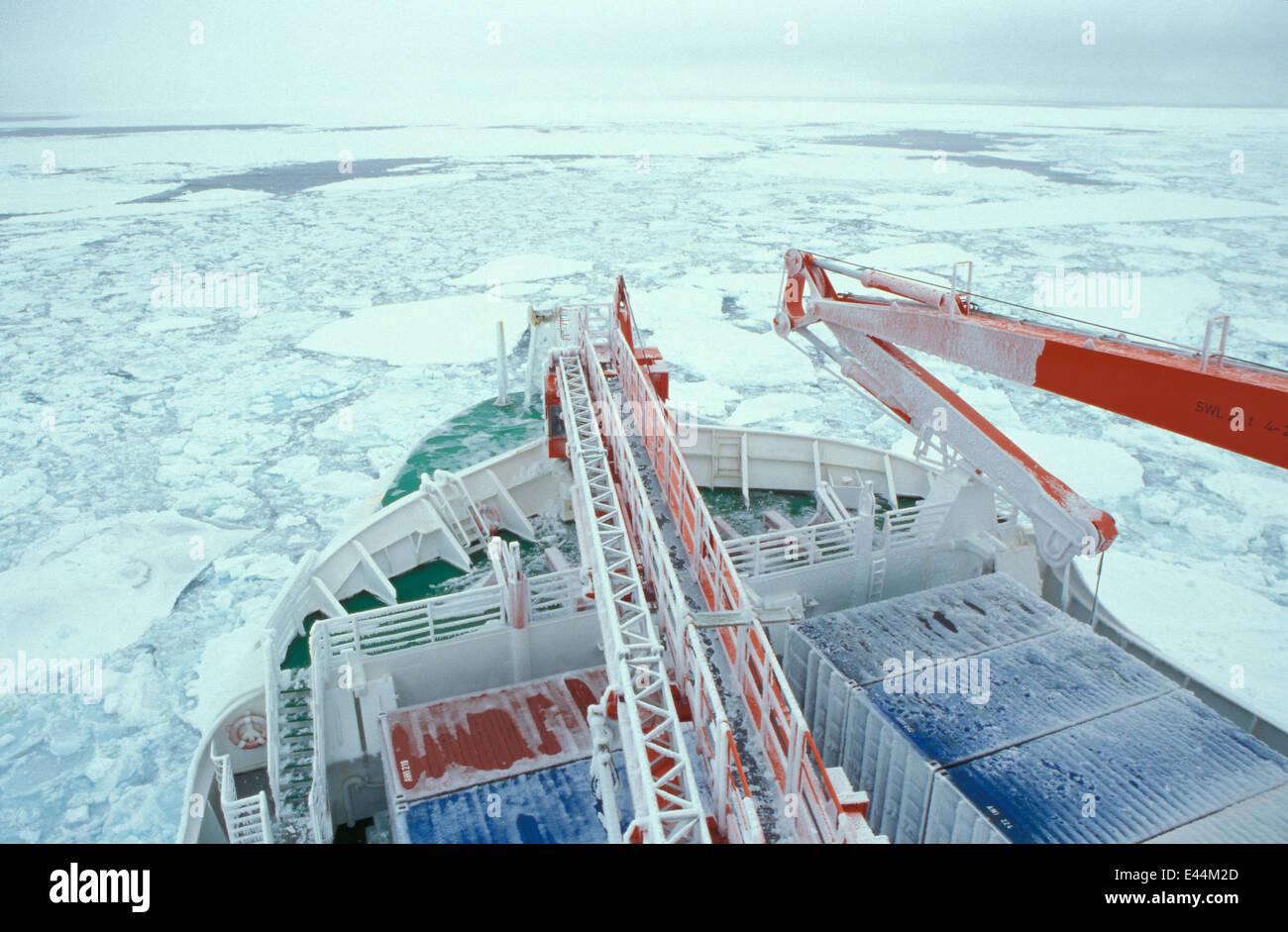Research icebreaker ship, Polarstern, breaking through ice, Weddell Sea, Antarctica Stock Photo