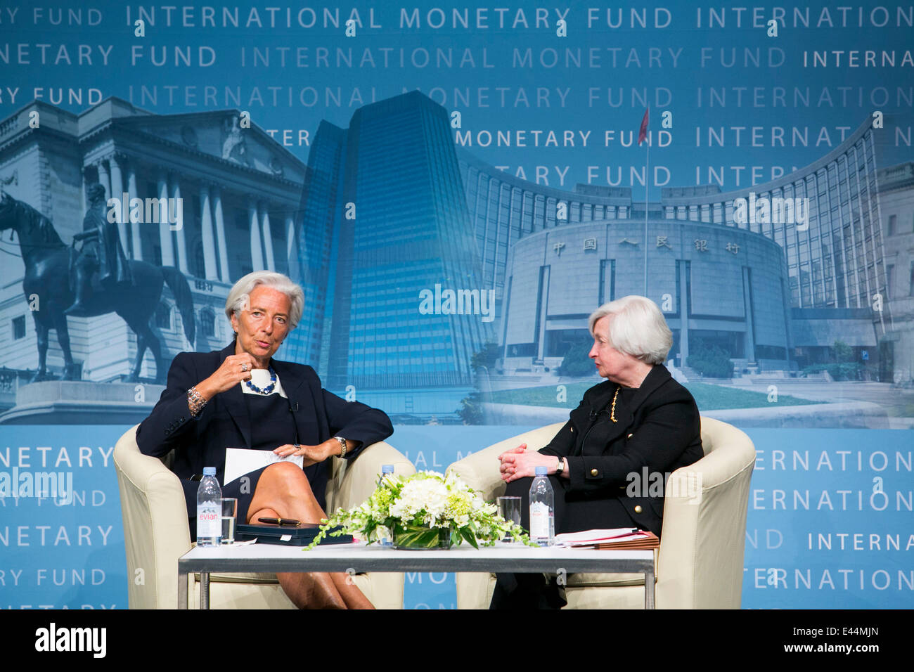Washington DC, US. 2nd July, 2014. International Monetary Fund Managing Director Christine Lagarde, left, and Federal Reserve Chairwoman Janet Yellen, right, participate in the Inaugural Michel Camdessus Central Banking Lecture on financial stability at the IMF Headquarters in downtown Washington, DC on July 2, 2014. Credit:  Kristoffer Tripplaar/Alamy Live News Stock Photo