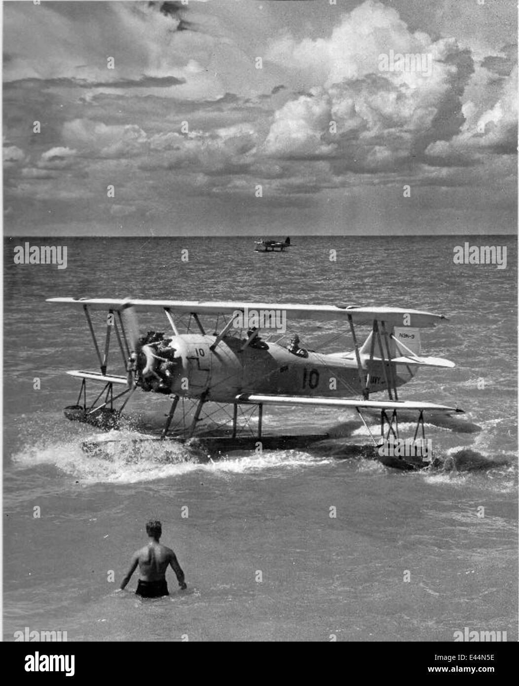 N3N3 biplane used for beaching operations in 1942. The photograph shows ...
