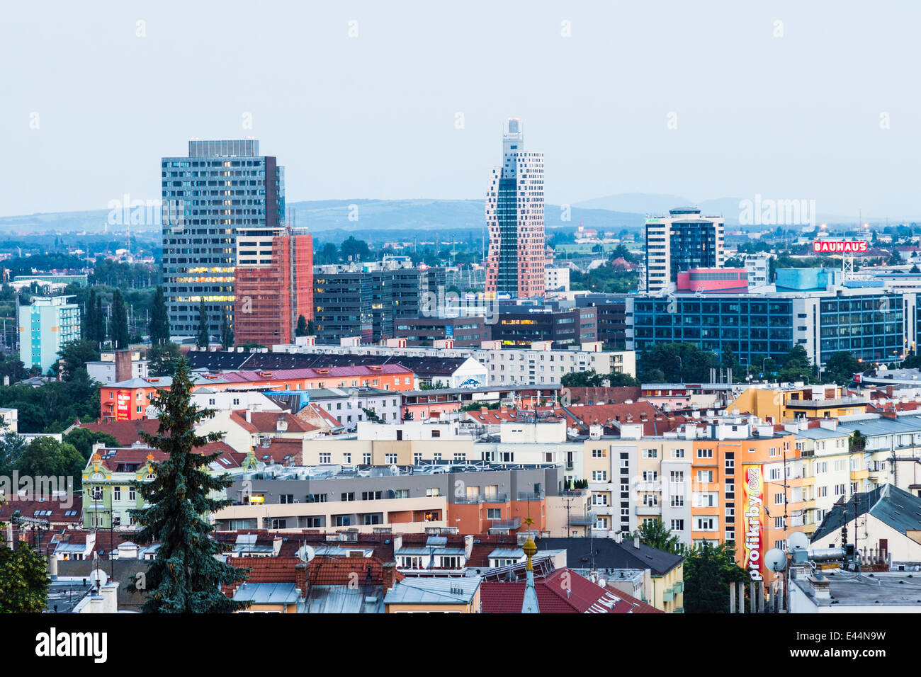 Brno overview showing the AZ Tower skyscraper, the tallest building in the Czech Republic at 111 m. Brno, Czech Republic Stock Photo