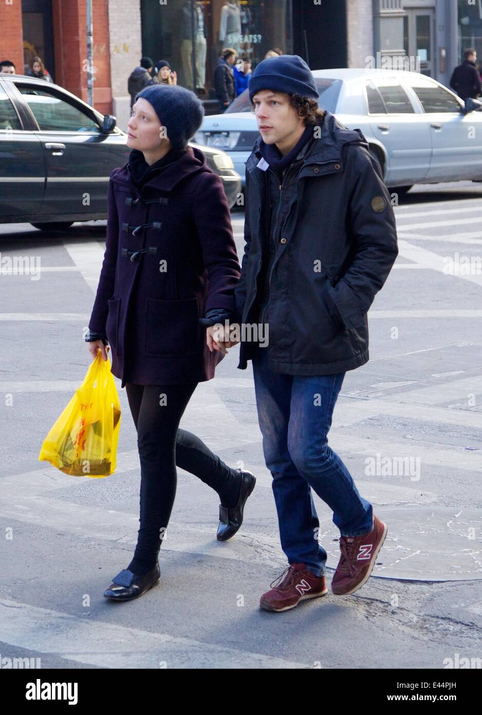 Jesse Eisenberg out and about with girlfriend Mia Wasikowska in Manhattan.  Eisenberg has just been cast as Lex Luthor in the upcoming  'Batman/Superman' film, announced today by Warner Bros. Featuring: Jesse  Eisenberg,Mia