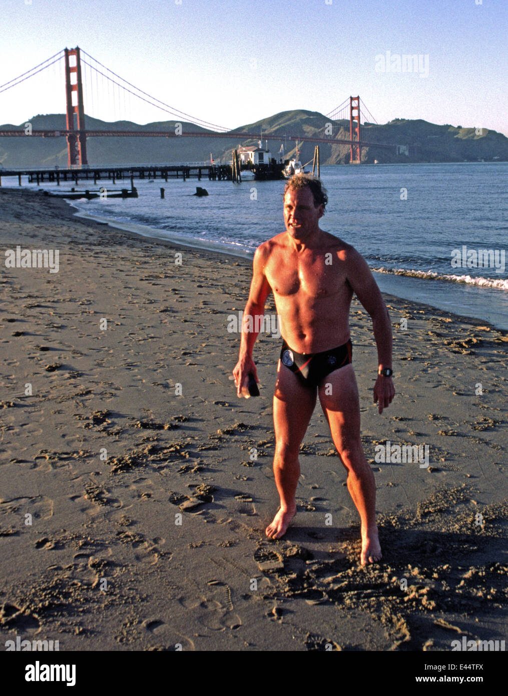 Dave Horning after swim in San Francisco Bay in 1985 Stock Photo