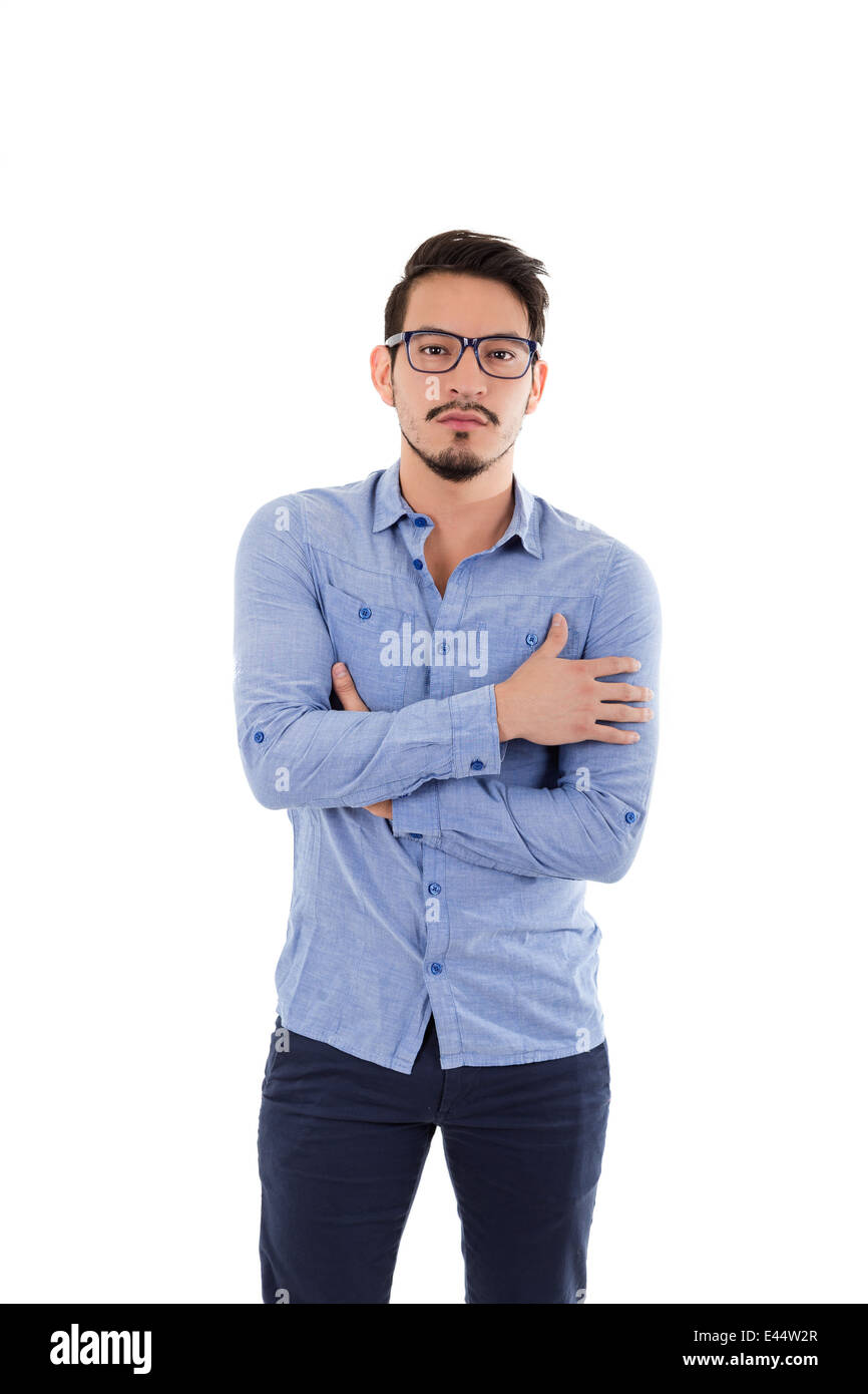 young hispanic man with blue shirt and glasses Stock Photo - Alamy