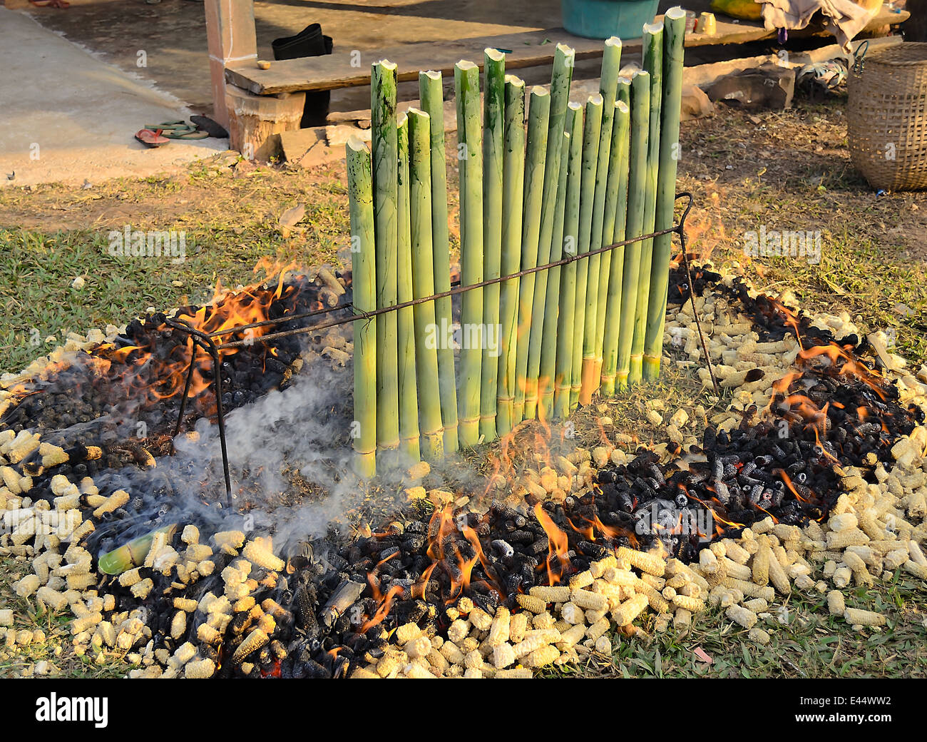 sticky rice glutinous rice roasted bamboo joints soaked coconut milk