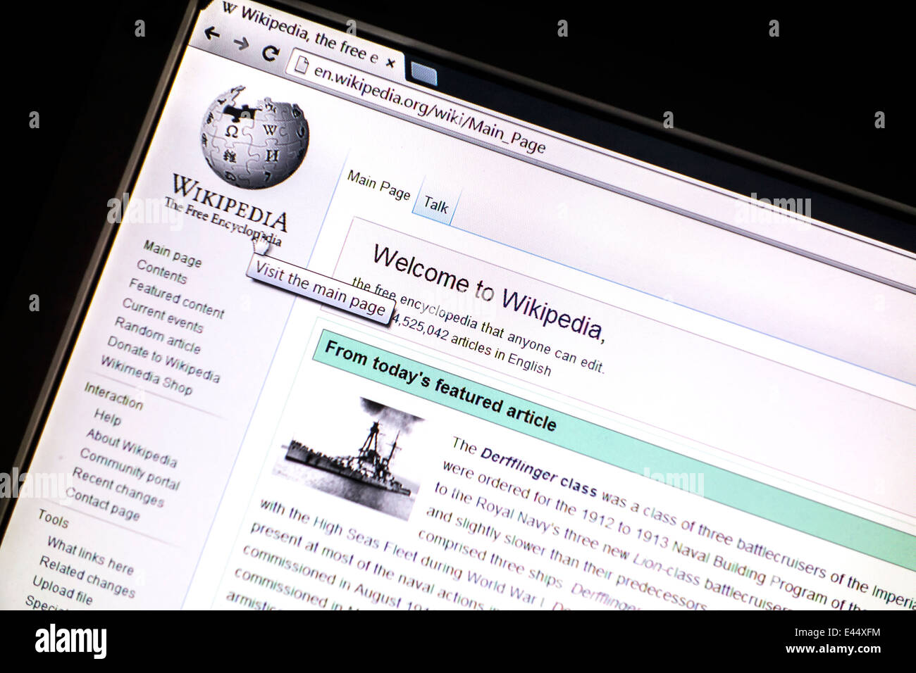 Wikipedia website display on computer screen.Wikipedia is a free Internet encyclopedia. Stock Photo