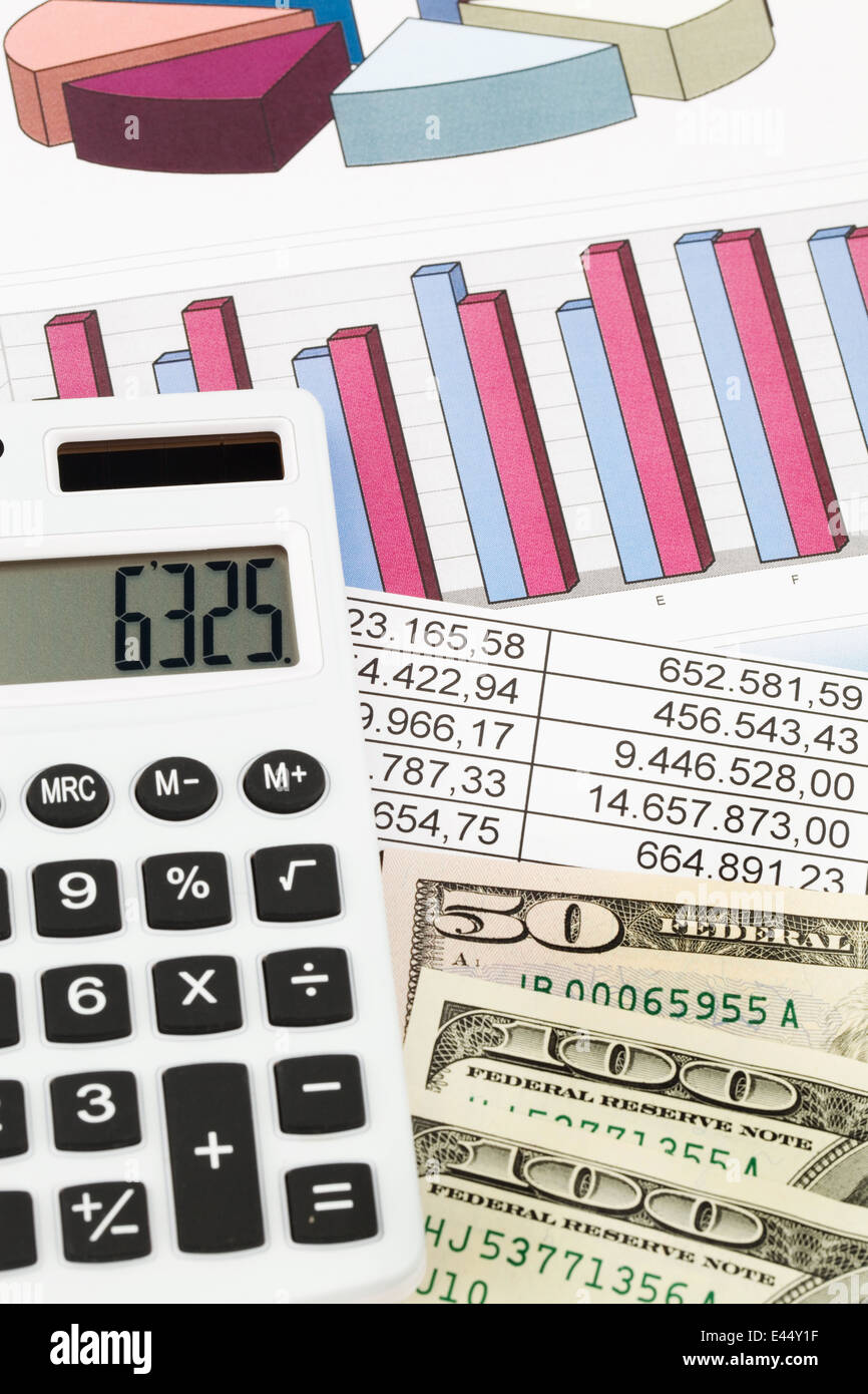 A calculator with graphics of a balance sheet. Sales, profit and ...
