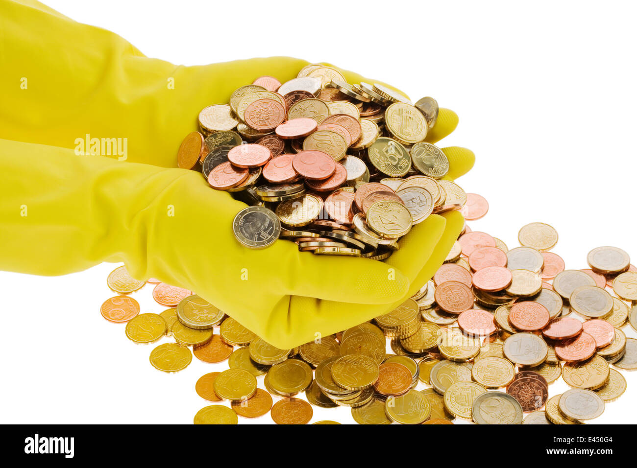 The latex glove of a cleaning lady on a white background. Many Euro coins Stock Photo