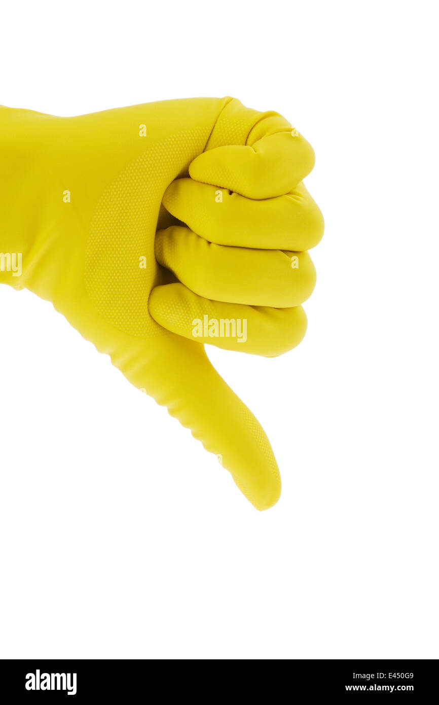 The latex glove of a cleaning lady on a white background. Thumbs down Stock Photo