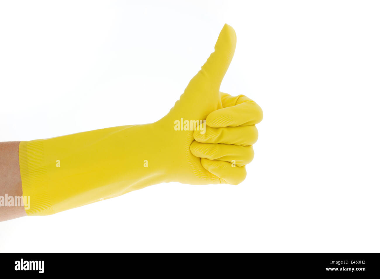 The latex glove of a cleaning lady on a white background. Thumbs up. Stock Photo