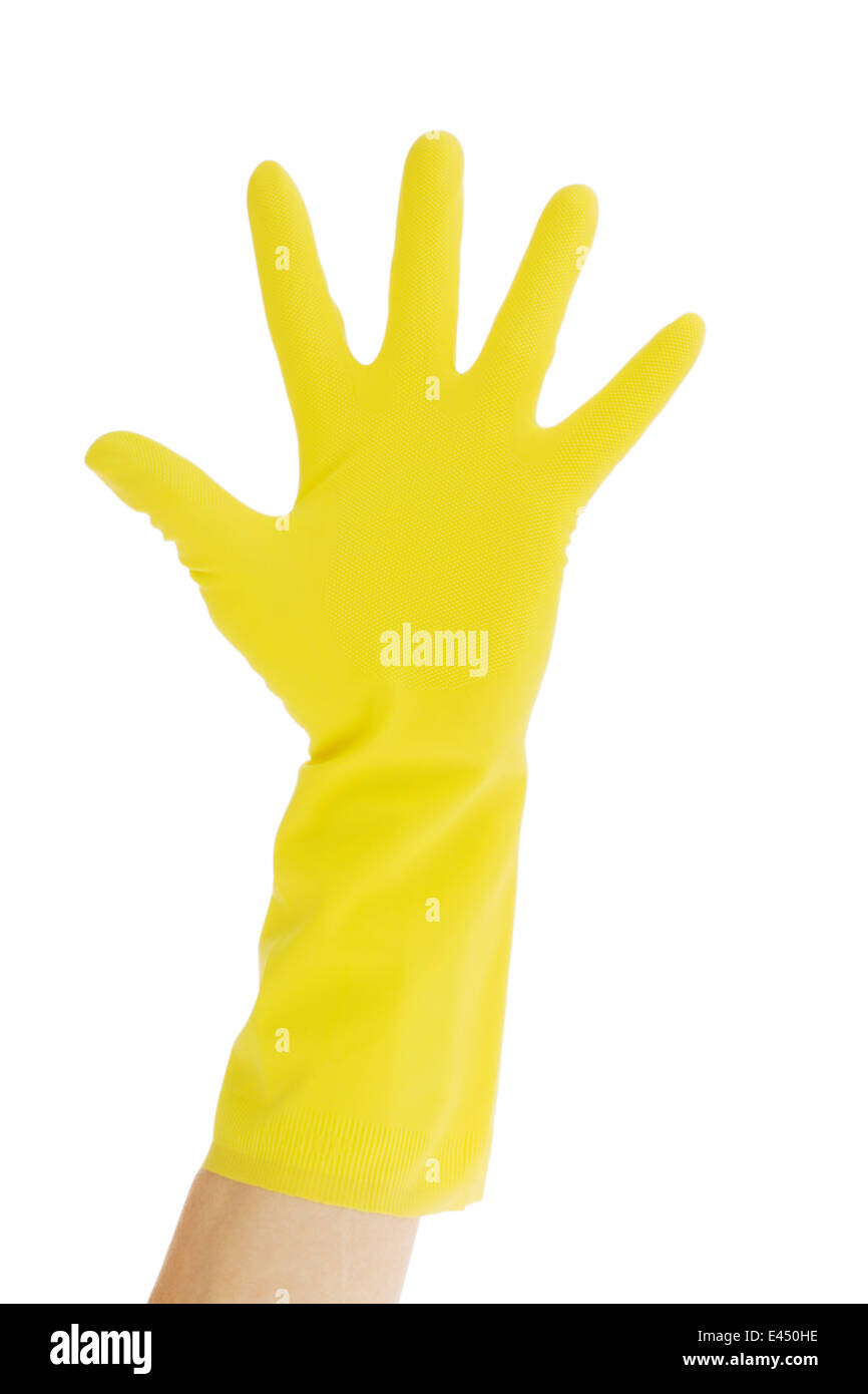 The latex glove of a cleaning lady on a white background. Stock Photo