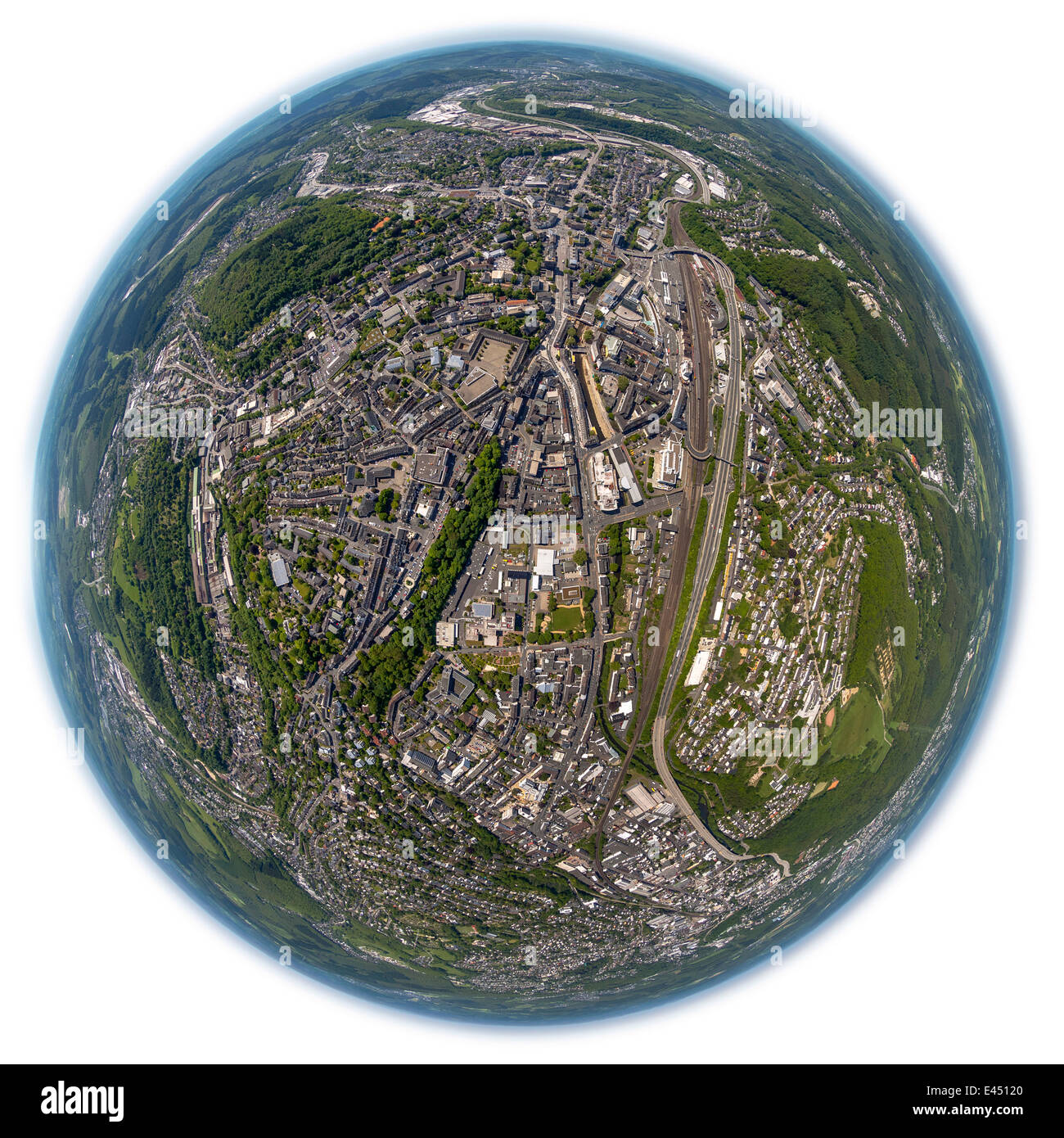 Aerial view, fisheye view, town centre of Siegen, North Rhine-Westphalia, Germany Stock Photo