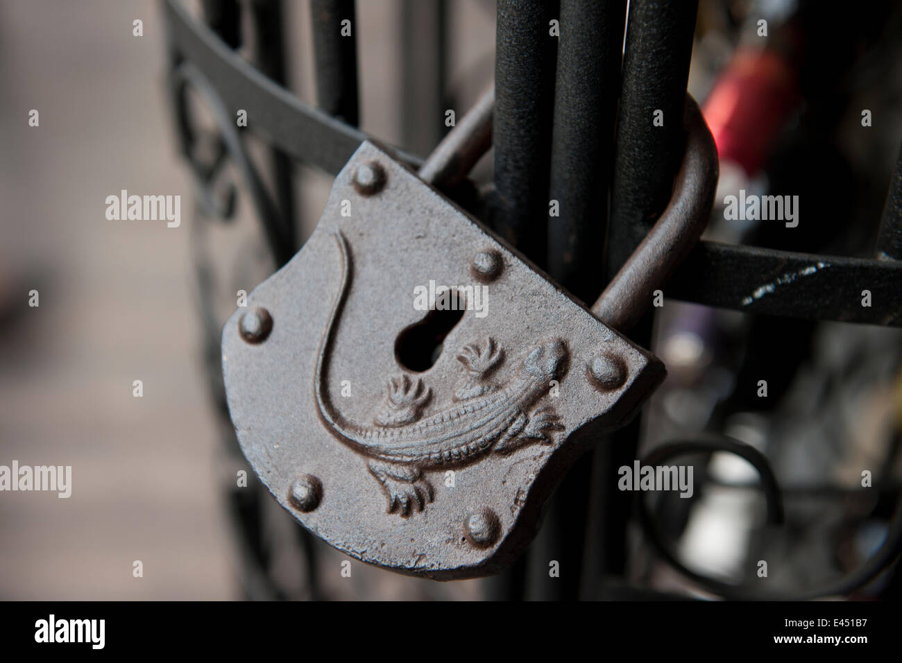 Old lock with reptile relief Stock Photo