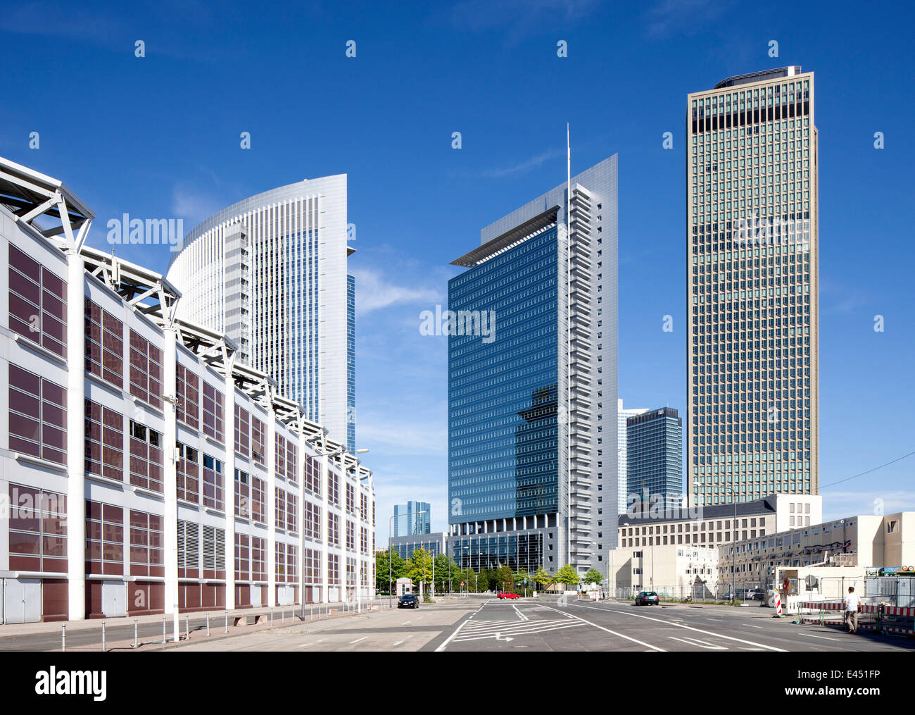 Castor and Pollux office towers and Tower 185, Hall 1 of the Frankfurt Trade Fair on the left, Europaviertel quarter Stock Photo