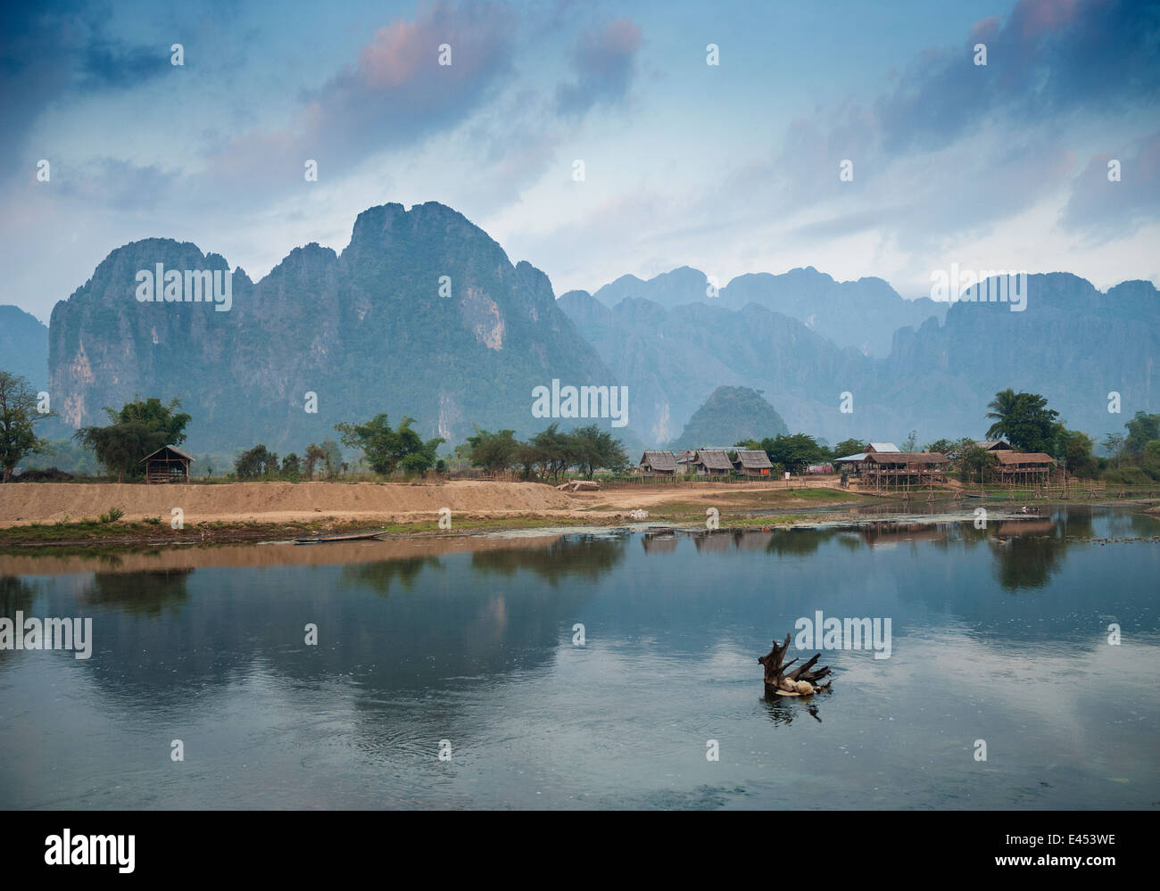karst landscape and river in vang vieng laos Stock Photo