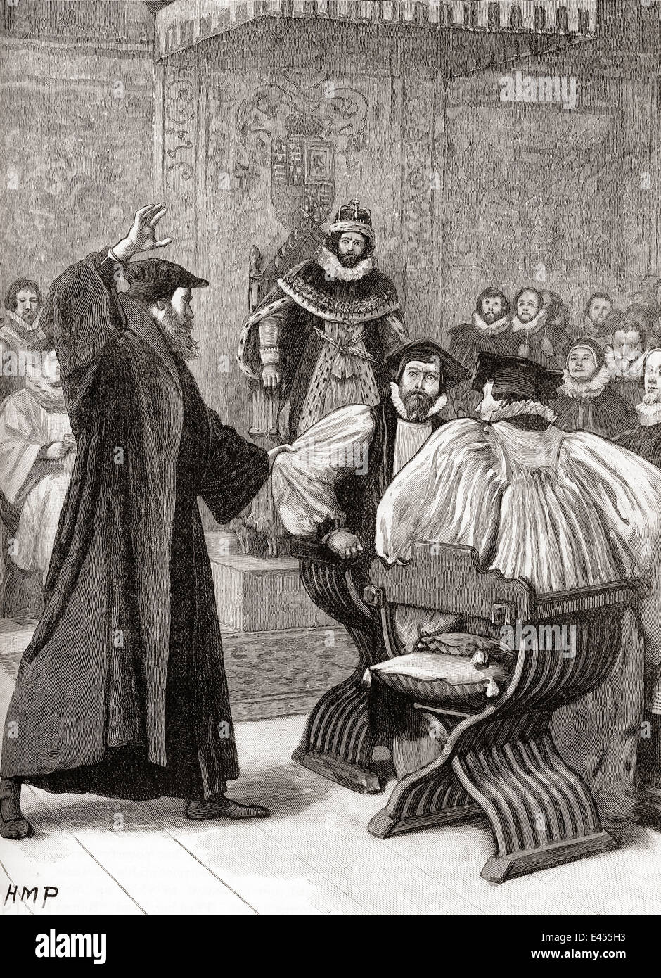 Andrew Melville before the Scottish Privy Council in February 1584, upbraiding bishops in the presence of James VI. Stock Photo