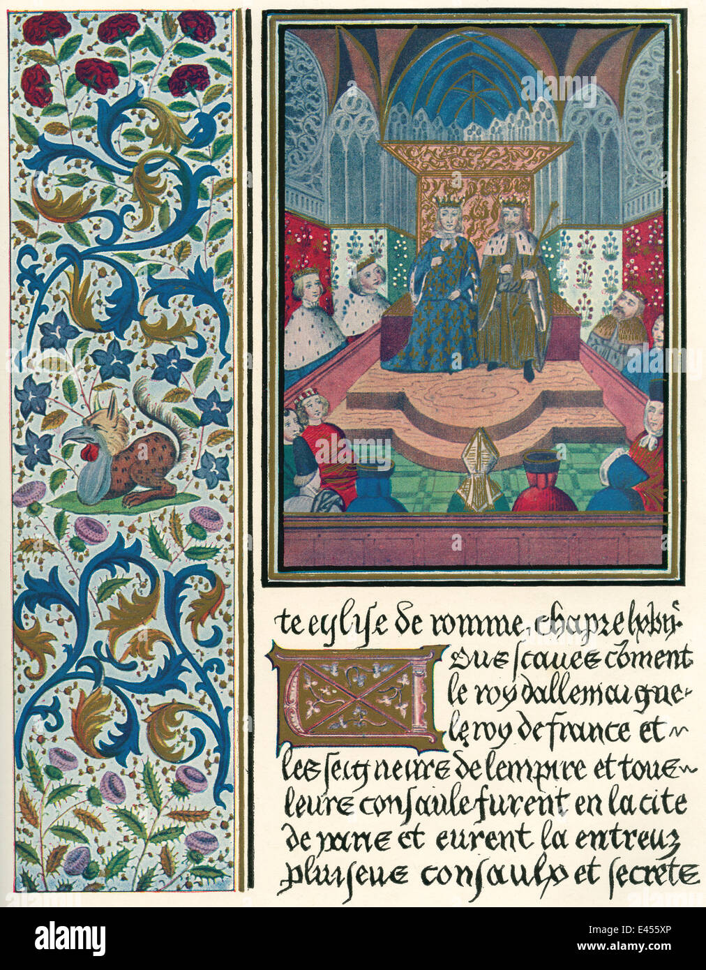 Illuminated page, with bordering, after the Froissart M.S. in the British Museum. Stock Photo