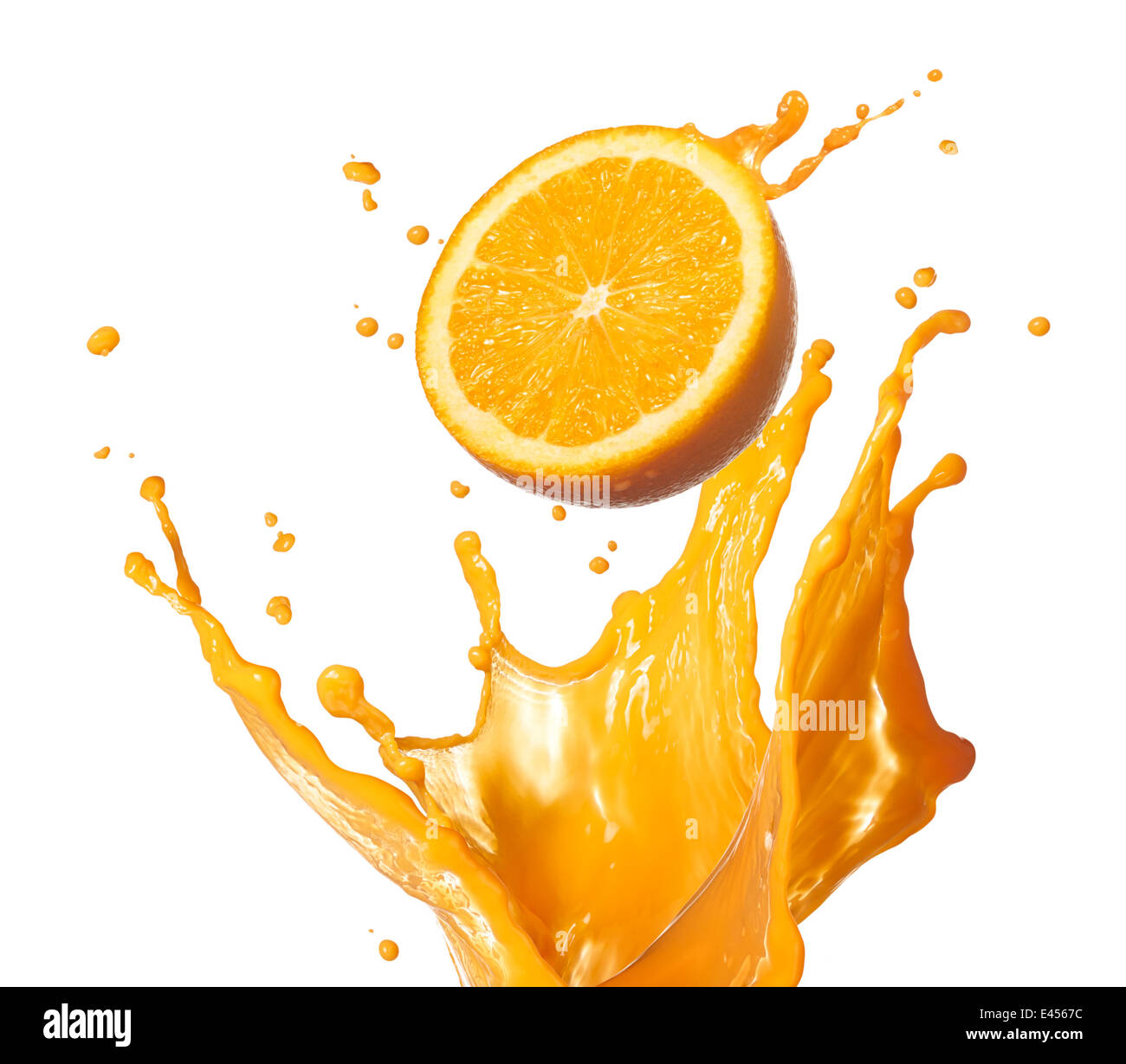 orange juice splashing with its fruit isolated on white Stock Photo