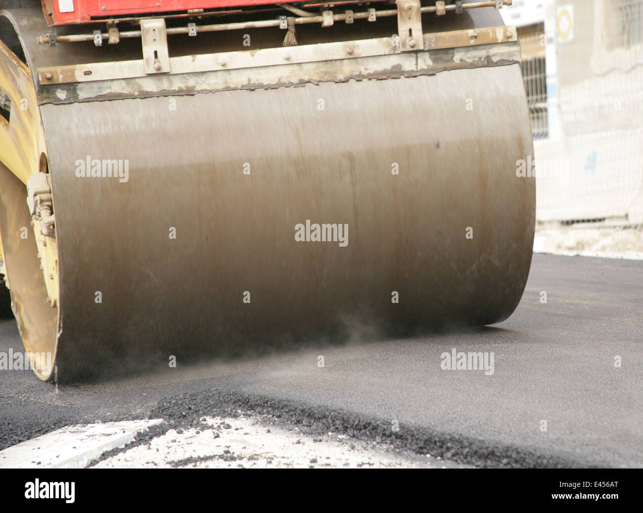 Road roller on asphalt pavement works. Barcelona. Spain. Stock Photo
