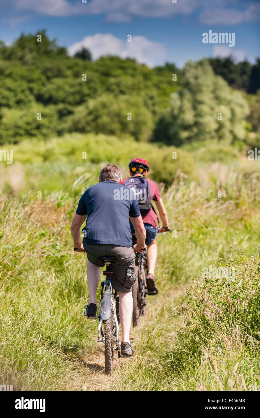 Two cyclists riding down a country path in the Uk Stock Photo
