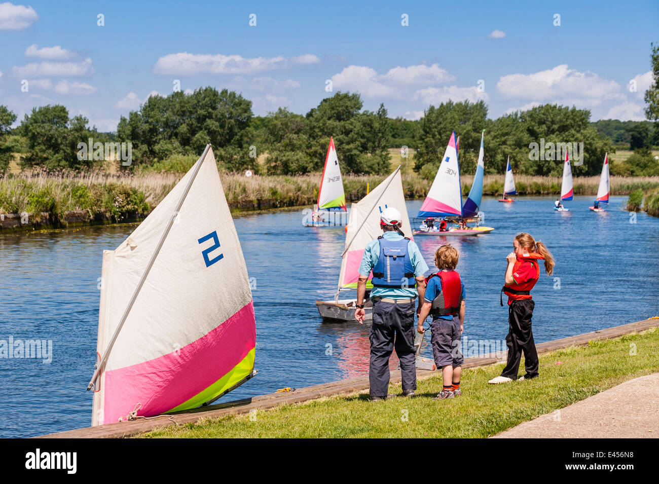 Sailing dinghies at Beccles Amateur Sailing Club on the river Waveney at Beccles , Suffolk , England , Britain , Uk Stock Photo