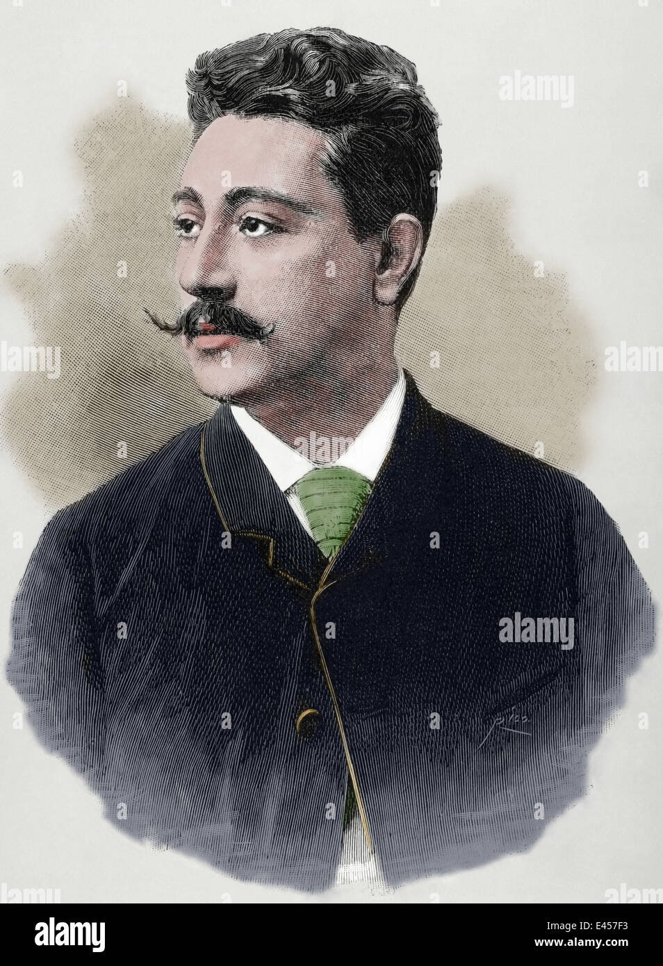 Benedicto Lucignani (b. 1861). Italian tenor. Engraving by Rico. La Ilustracion Espanola y Americana, 1880. Colored. Stock Photo