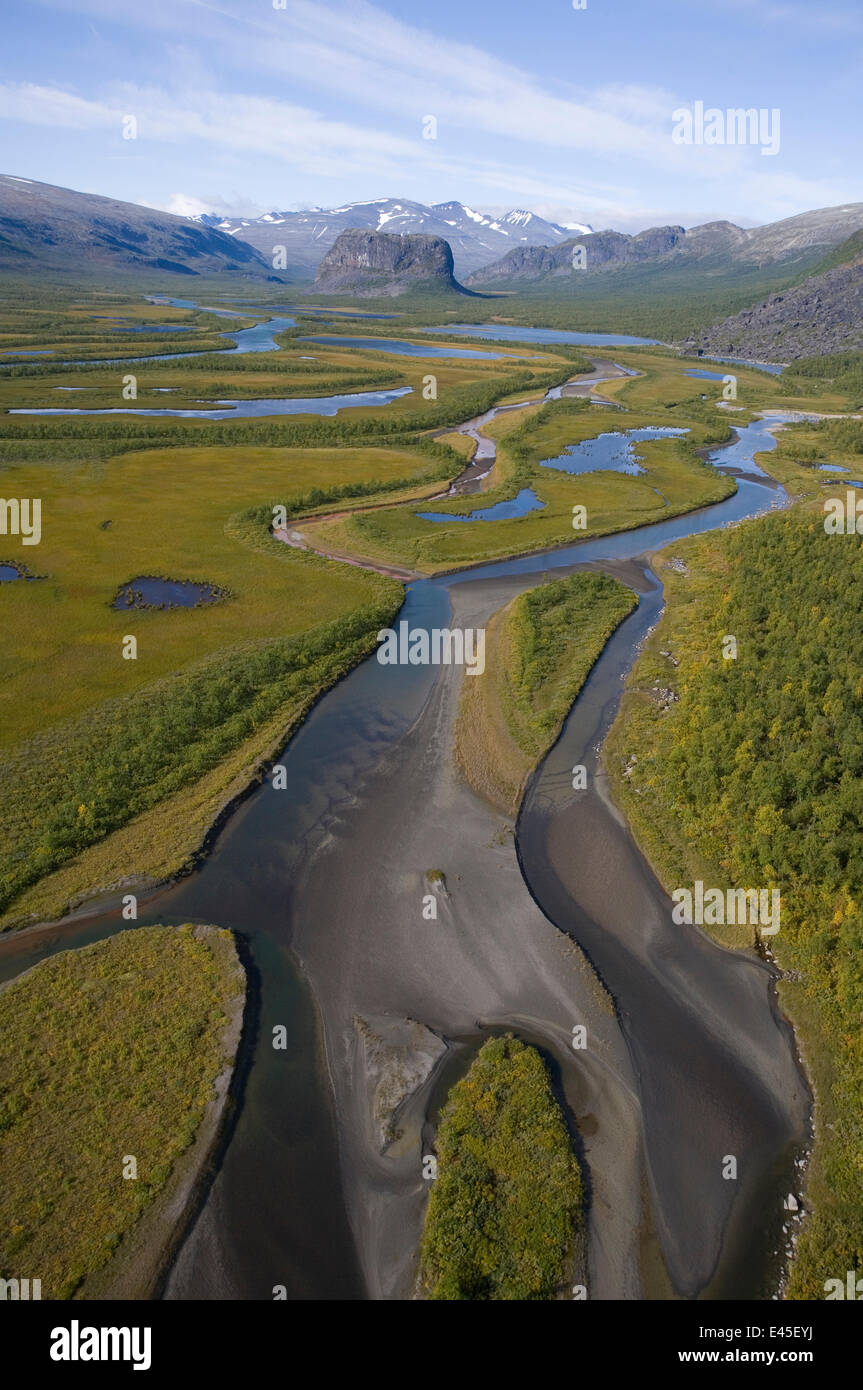Aerial view over Laitaure delta in the Rapadalen valley with Skierffe and Nammatj mountains, Sarek National Park, Laponia World Heritage Site, Lapland, Sweden, September 2008 . Not to be supplied to Italian magazines or newspapers until 25th October 2010. Stock Photo