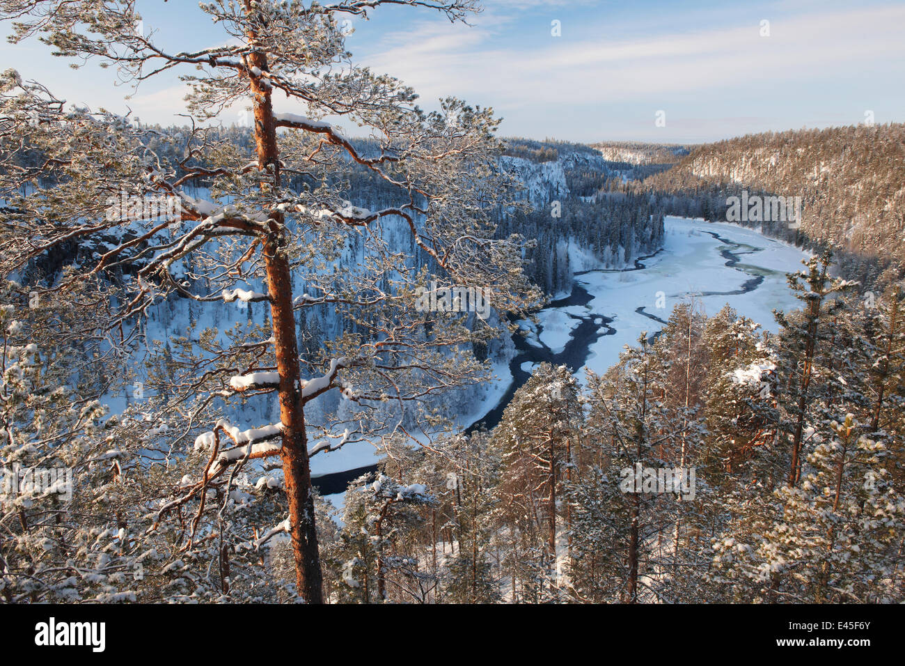 Partially frozen Kitkajoki River, Kuusamo, Oulanka National Park, Finland, February 2009 Stock Photo