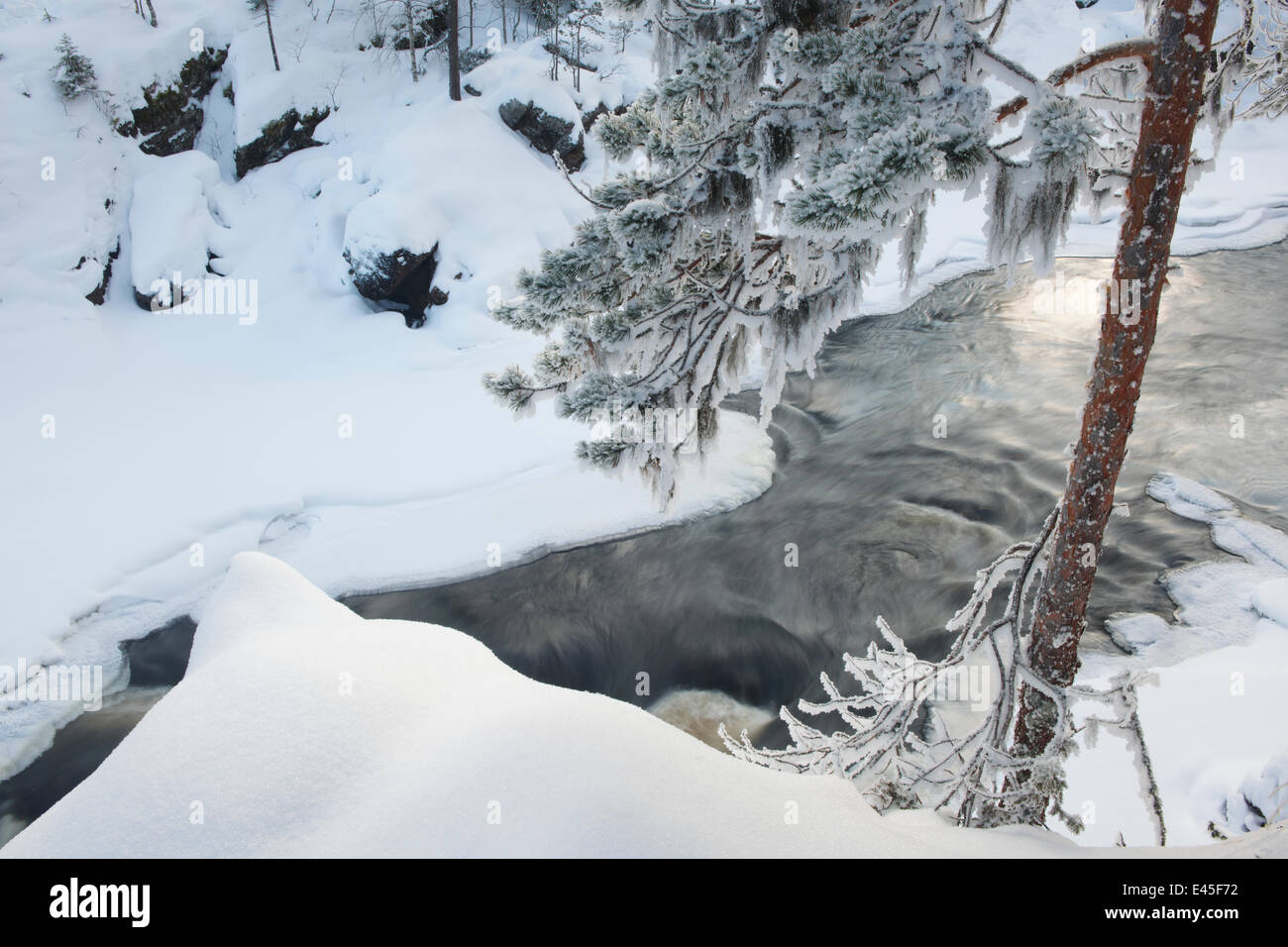 Partially frozen Kitkajoki River, Oulanka National Park, Finland, February 2009 Stock Photo