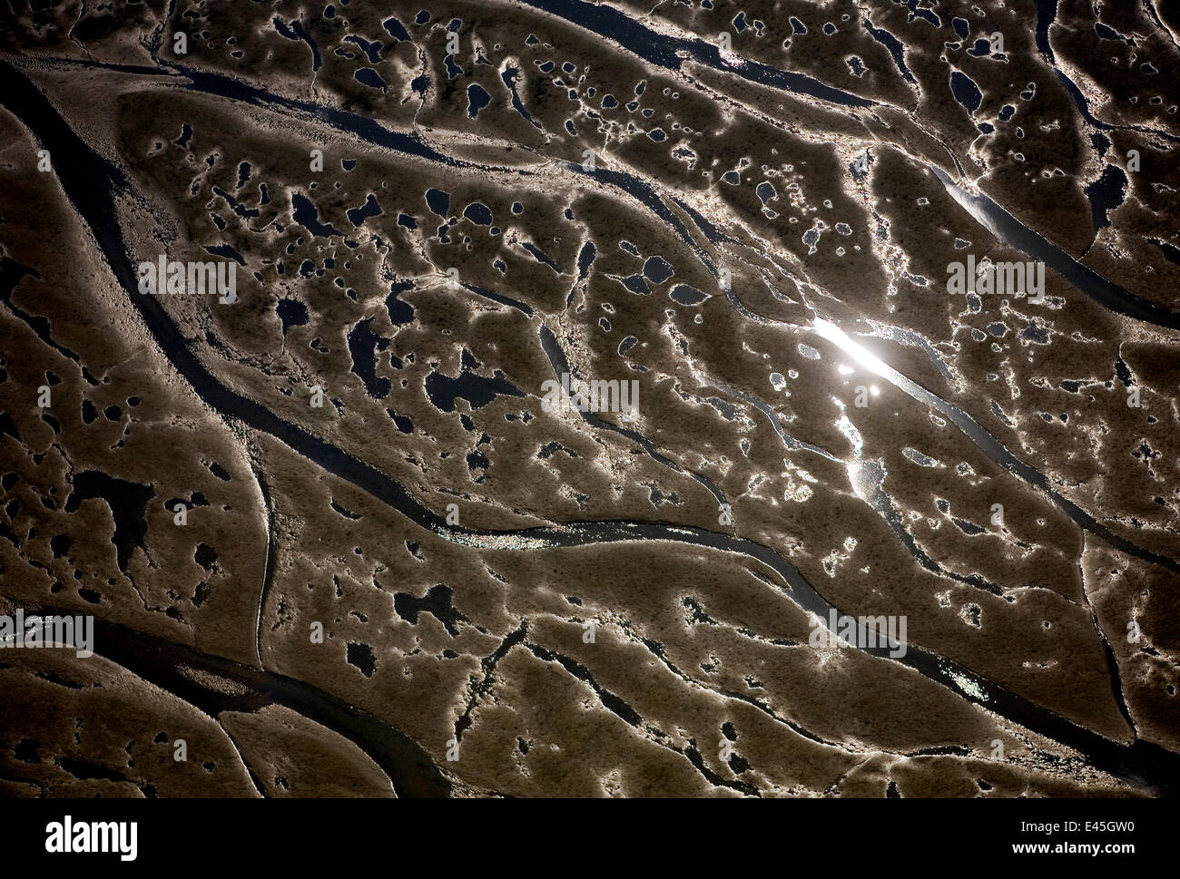 Aerial view of channels and pools left in sand at low tide, Hallig, Germany, April 2009 Stock Photo