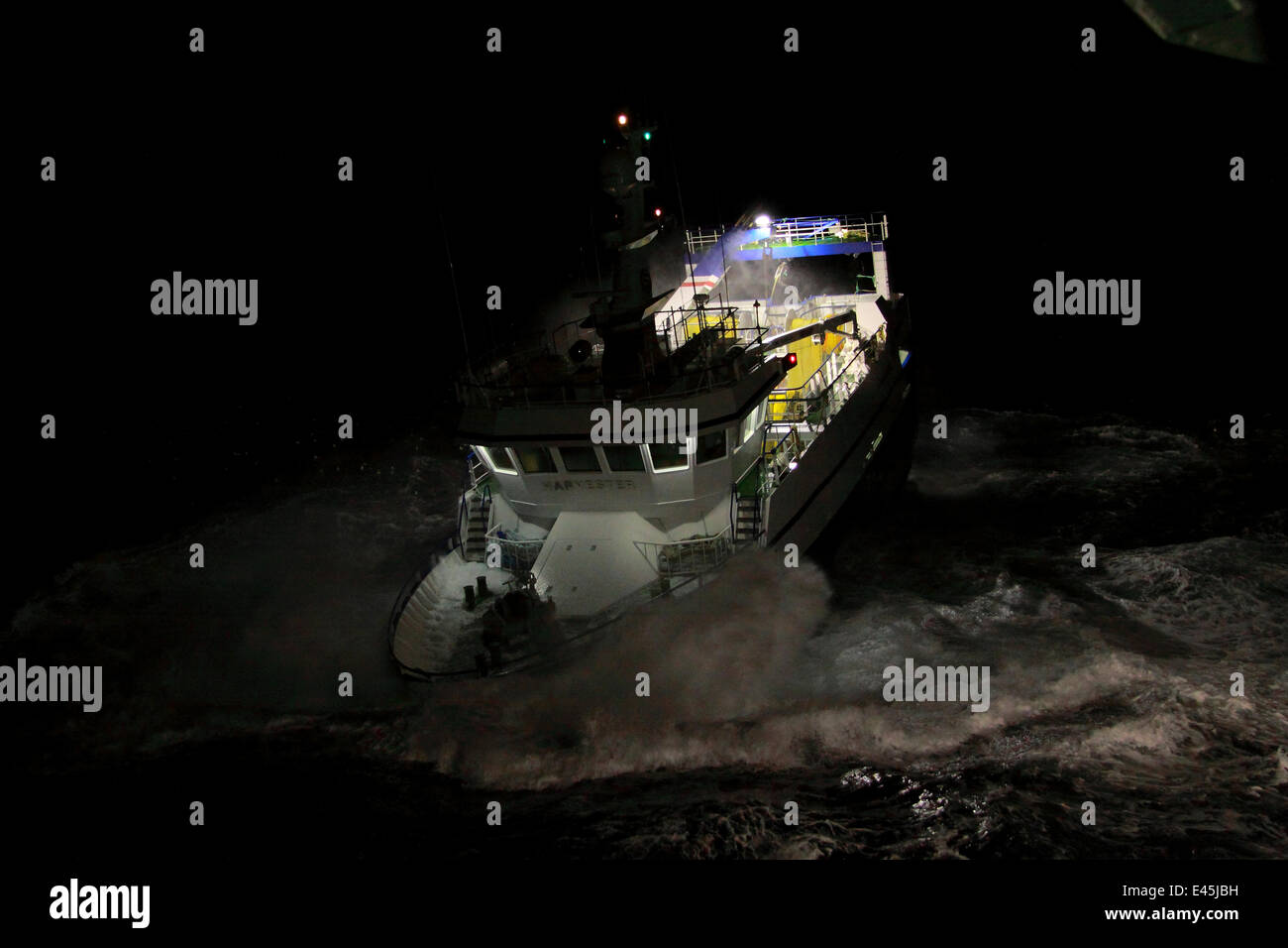 Fishing vessel "Harvester" on a stormy night, North Sea, October 2009. Property Released. Stock Photo