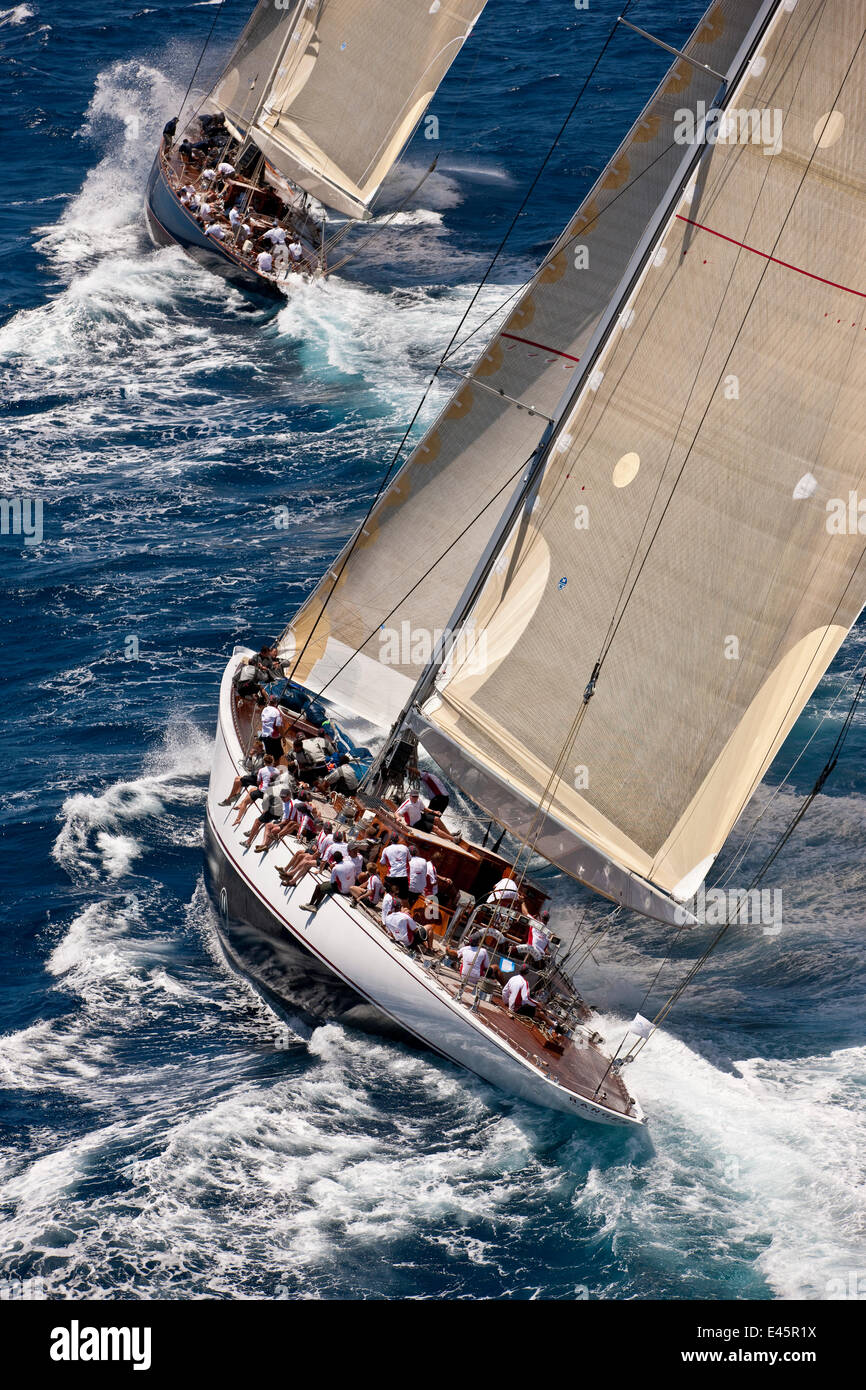 J-Classes 'Ranger' and 'Velsheda' racing at the Panerai Antigua Classic Yacht Regatta, Caribbean, April 2010. Stock Photo