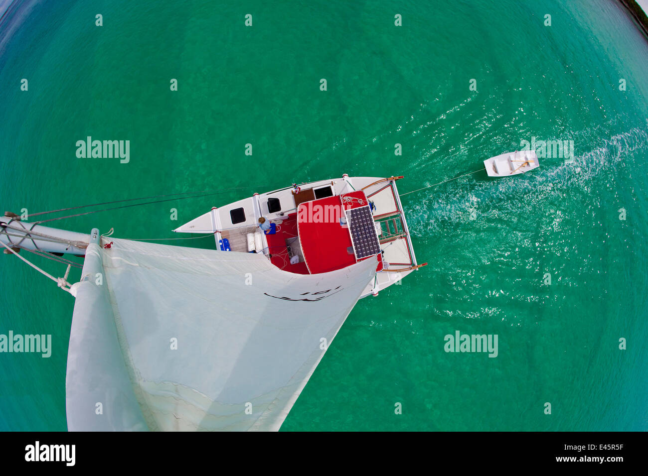 View from the masthead of 30ft Tiki catamaran 'Abaco', underway in the Exumas, Bahamas, Caribbean. June 2009, Model and property released. Stock Photo