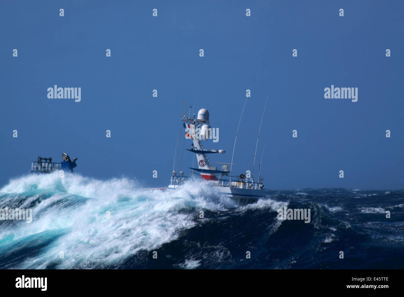 Fishing vessel 'Ocean Harvest' in huge waves on the North Sea, September 2010. Property released. Stock Photo
