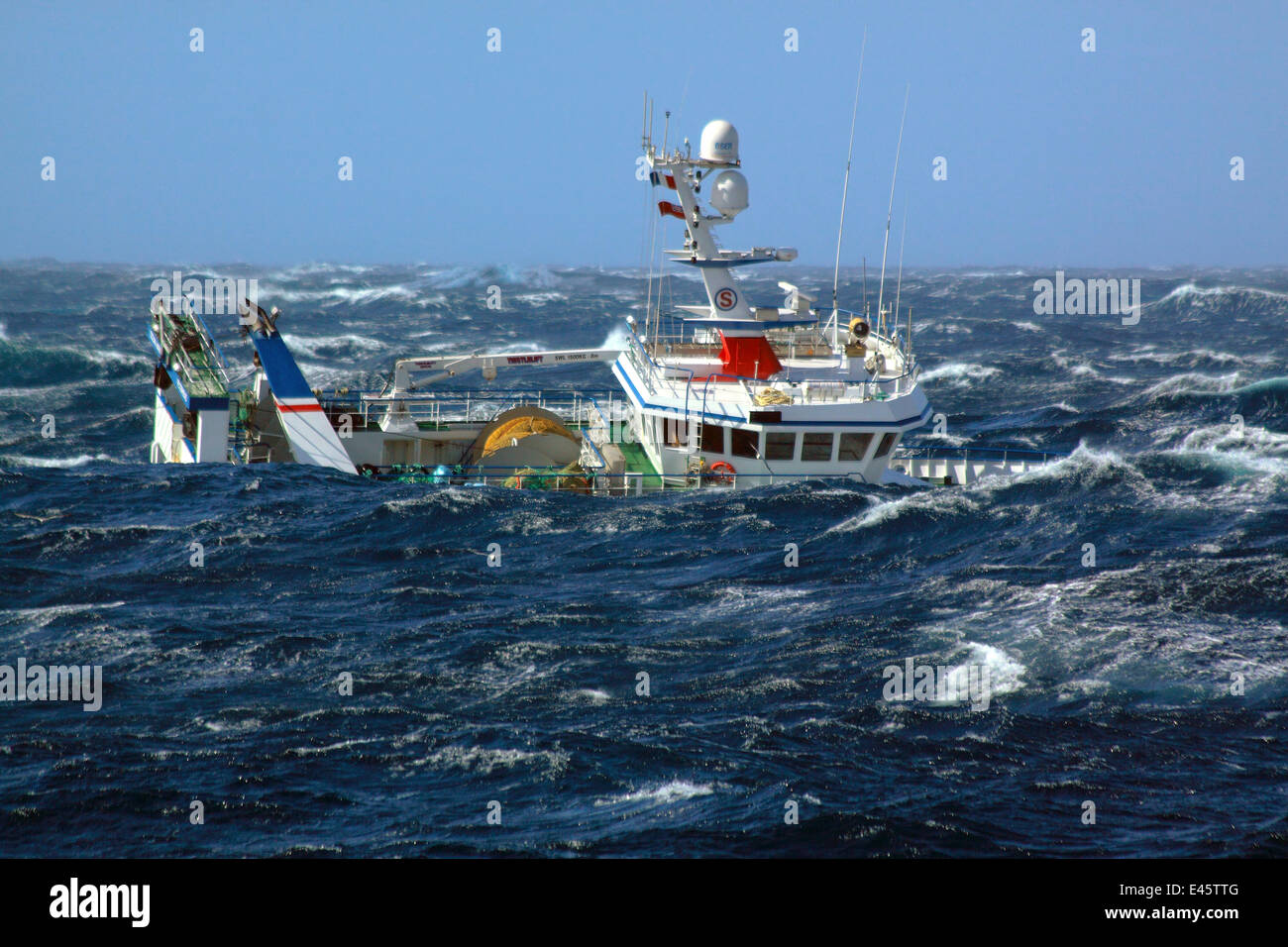 Fishing vessel Ocean Harvest in huge waves on the North Sea September 2010. Property released. Stock Photo