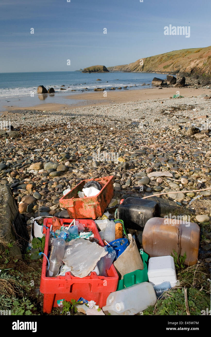 Collection of rubbish on Porth Ysgo beach, Gwynedd, North Wales, UK, April 2010. Stock Photo
