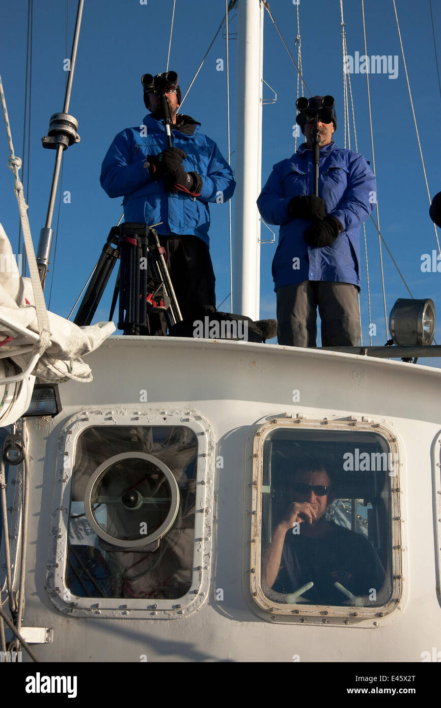 Dr Robert (Bob) Pitman and Dr John Durban, scientific advisors, watching for Killer whales (Orcinus orca) on board the 'Golden Fleece', off Antarctic Peninsula, Antarctica, January 2009, Taken on location for BBC Frozen Planet series Stock Photo