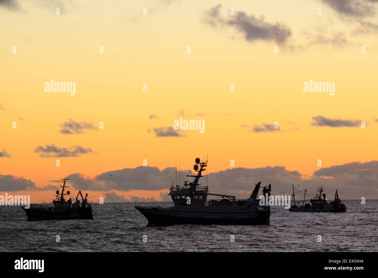 Fishing vessels at dusk on the North Sea, Europe, November 2010. Stock Photo