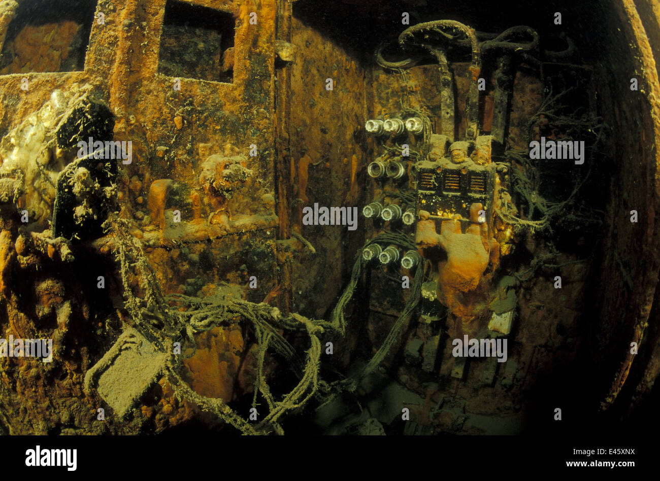 Electricity system in engine room of wrecked crude oil super-tanker 'Amoco Milford Haven', which sank on April 14th, 1991 after three days of fire. Genoa, Italy, 2002. Stock Photo