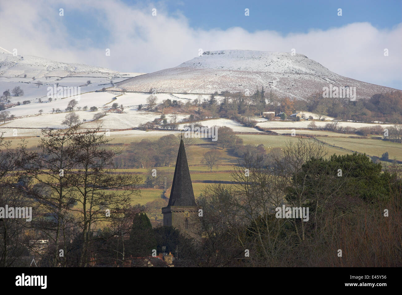 The Church Tower of Crickhowell with the snow covered 