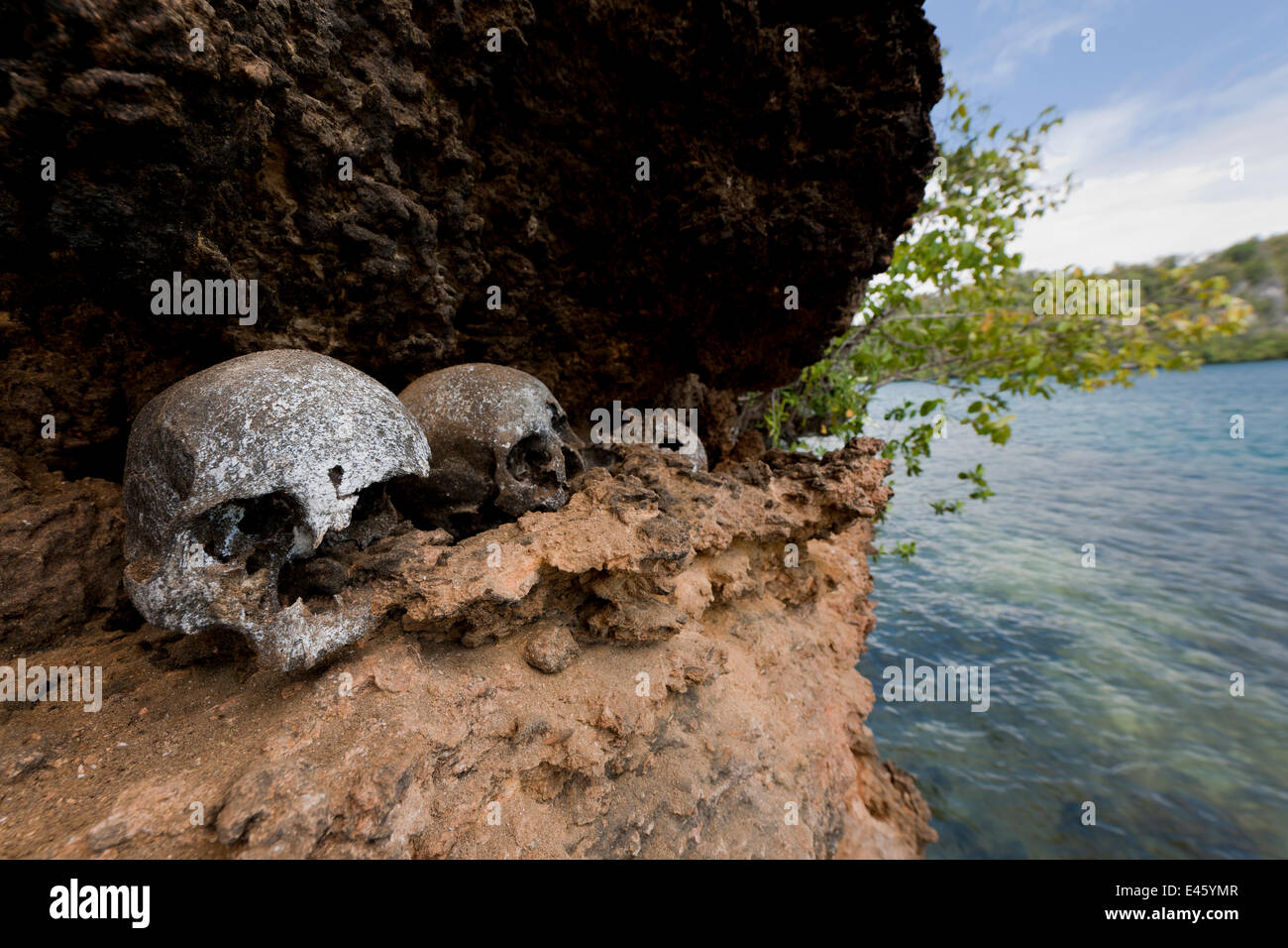 Very old human skulls on a ledge in the karst limestone walls of a Raja Ampat island. Raja Ampat, West Papua, Indonesia, February 2010 Stock Photo