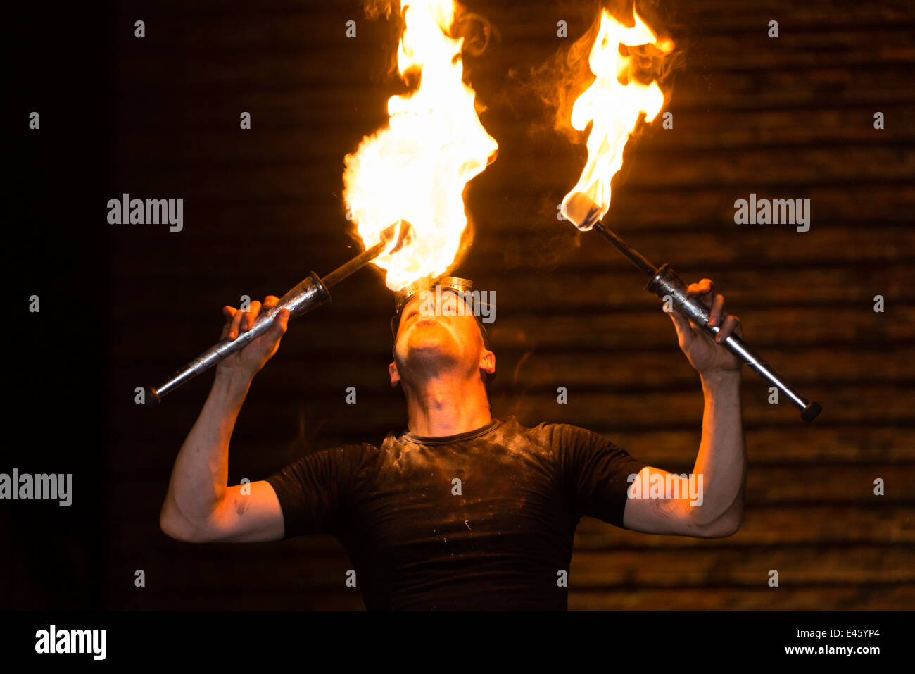 'Der Feuermann' shows his performance at 'Extraschicht' - the annual night of industrial culture in the western German Ruhr Area Stock Photo
