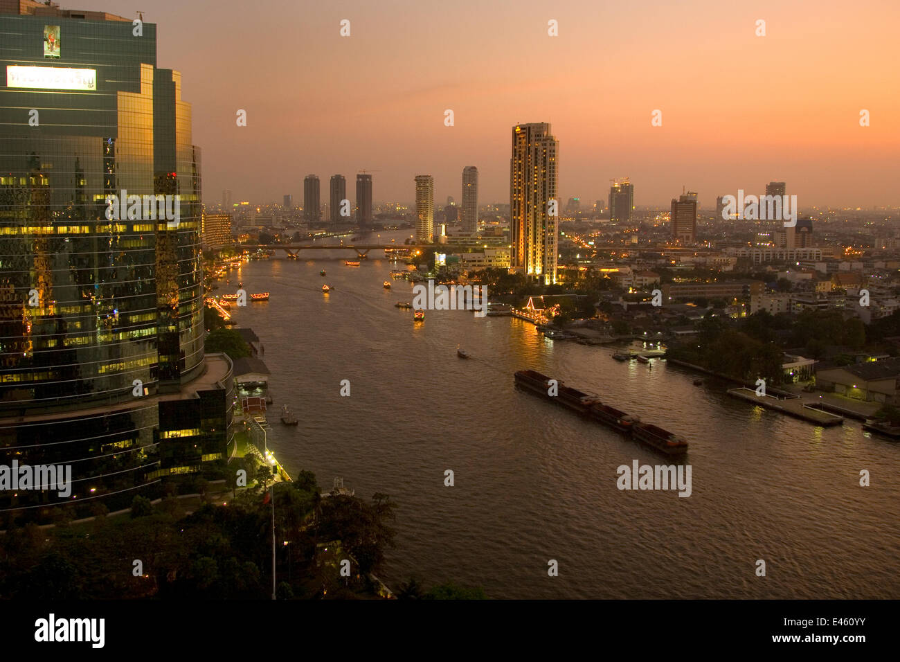 Bangkok City Centre and River Chao Phraya at dusk, Thailand Stock Photo
