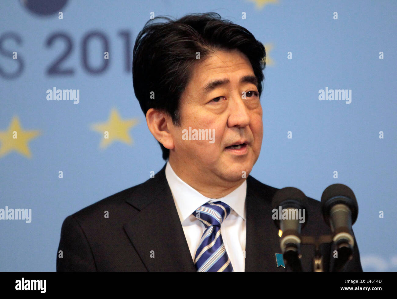 Shinzo Abe, Prime Minister of Japan gives a press conference at the end of the G7 summit in Brussels, Belgium, 2014 Stock Photo