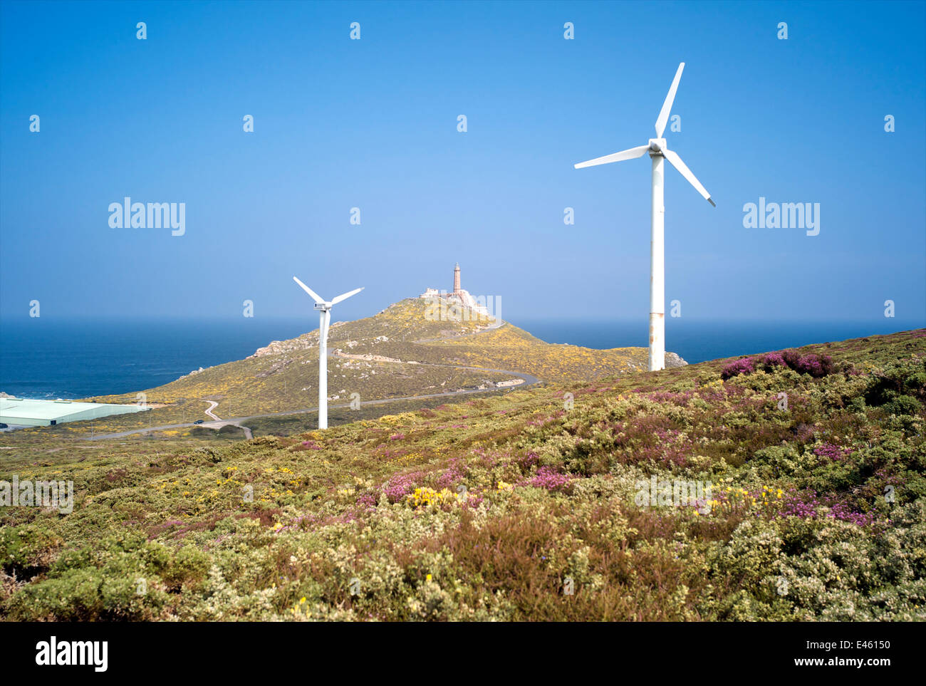 Wind turbines near the coast at Cabo Vilan, Galicia, Spain, May 2011. Stock Photo