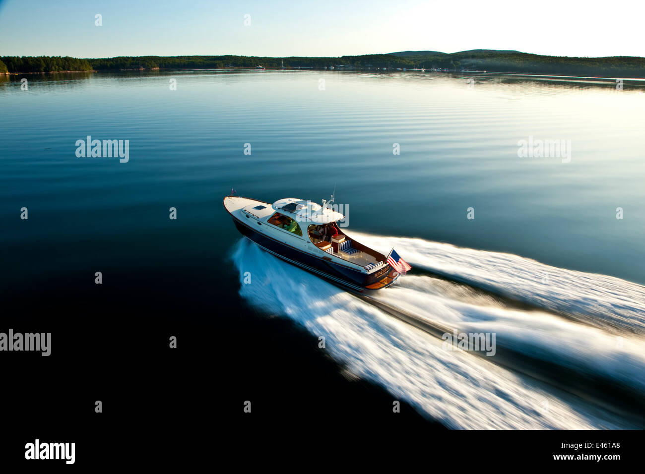 Hinckley T38 speedboat planing off Rhode Island, USA, August 2008. Model and property released. Stock Photo