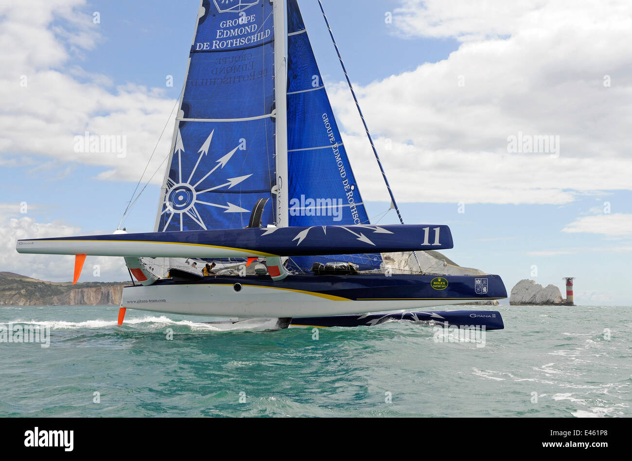 Maxitrimaran 'Gitana 11' heeling off The Needles to the west of the